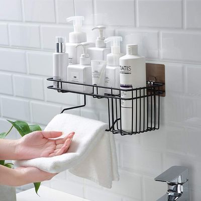 Luvina Creative Home Wrought Iron Free Punching Rack Bathroom Towel Rack Bathroom Shampoo Shower Gel Wall Hanging Storage Rack-Black