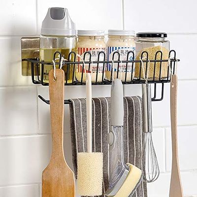 Zomoza Self Adhesive Wall Mounted Kitchen Storage Hanging Rack Basket with Tissue Holder and Kitchen Towel Holder Wardrobe Hanging Organizer Bathroom Storage-Black