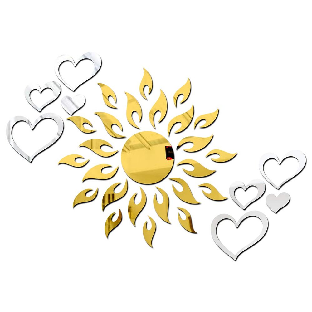 Bikri Kendra Ind - Sun Golden with 2set Love Heart Silver Mirror Stickers forwall Decor Sticker, for Wall, Wall Decor Sticker,Stickers, Acrylic Stickers, Wall Stickers for Hall Room, Bed Room.