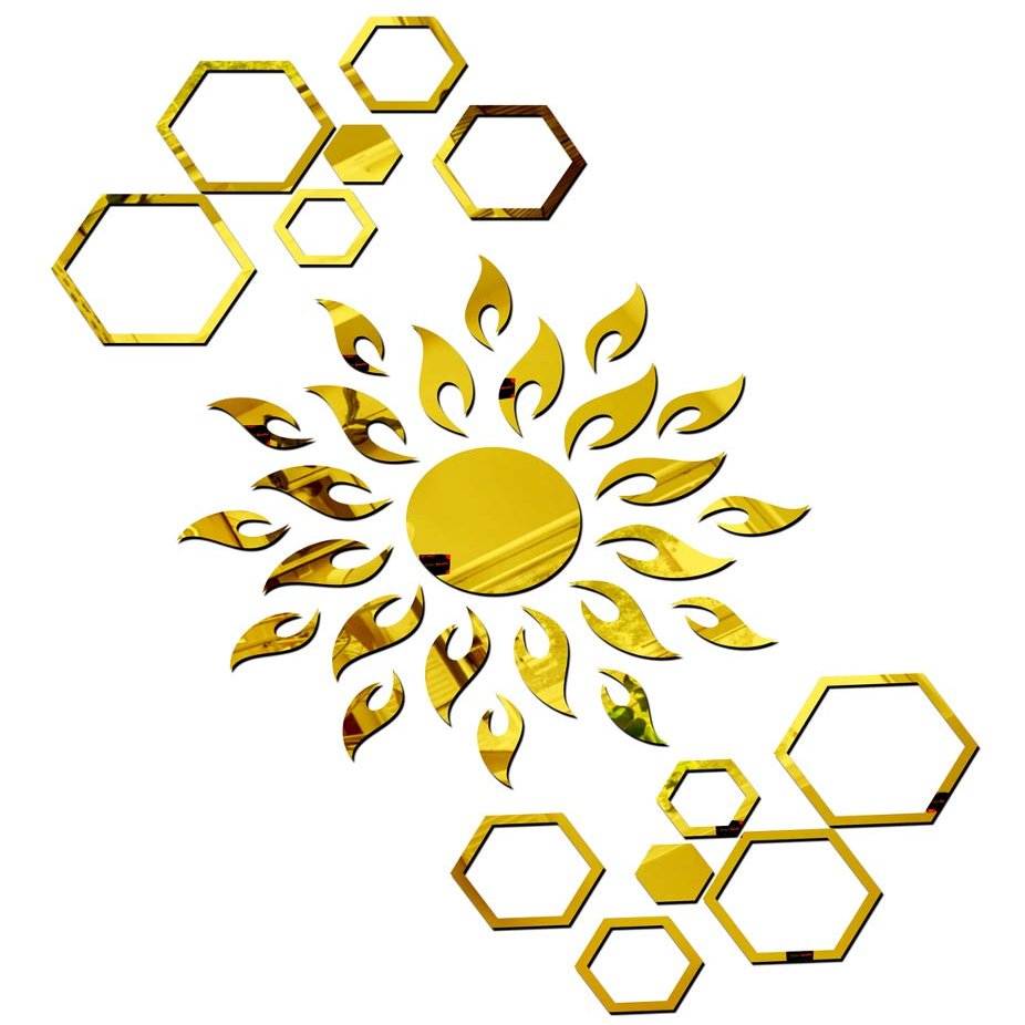 Bikri Kendra Ind - Sun with 12 Hexagon Rings (Golden) Mirror Stickers for Wall, Acrylic Sticker for Wall
