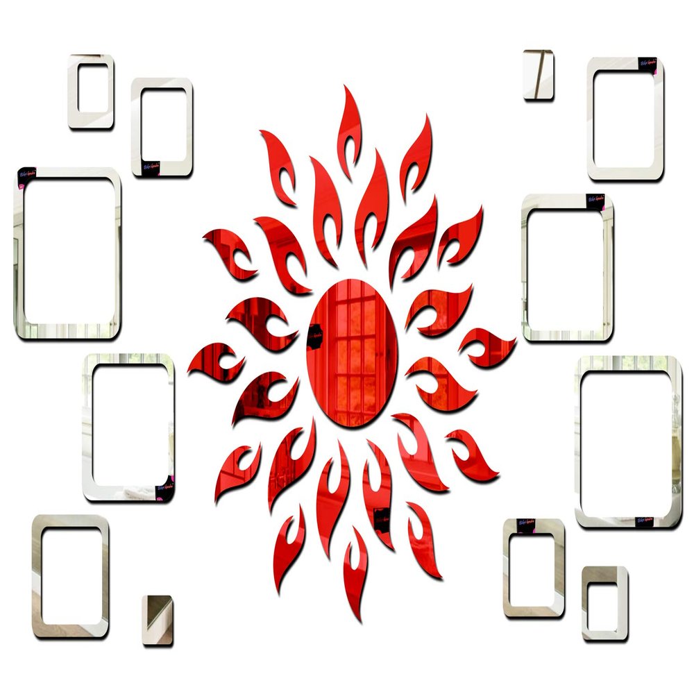 Bikri Kendra Ind - Sun Red with 12 Square Silver Mirror Stickers for Wall, Decor Sticker, Wall Mirror Stickers, Acrylic Stickers, Wall Stickers for Hall Room, Bedroom.