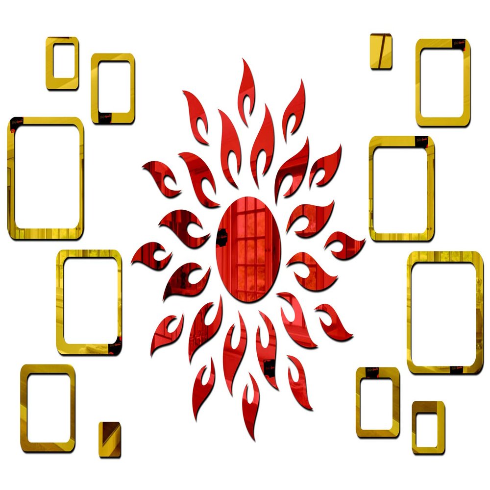 Bikri Kendra Ind - Sun red with 12 Square Golden Mirror Stickers for Wall, Wall Decor Sticker, Wall Mirror Stickers, Acrylic Stickers, Wall Stickers for Hall Room, Bedroom.