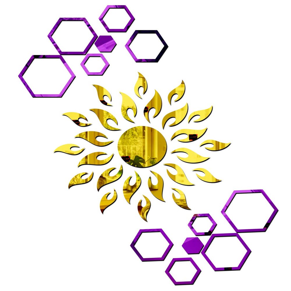 Bikri Kendra Ind - Sun Golden with 12 Hexagon Ring Purple Mirror Stickers for Wall, Wall Decor Sticker, Acrylic, Wall Stickers for Hall Room, Bedroom.