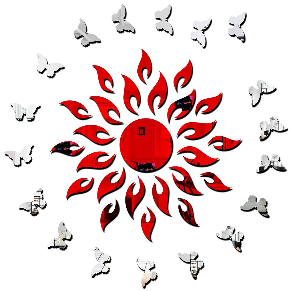 Bikri Kendra Ind - Sun red with 20 Butterfly Silver Mirror Stickers for Wall,Wall Decor Sticker, Mirror Stickers, Acrylic Stickers, Wall Stickers for Hall Room, Bedroom, Kitchen.