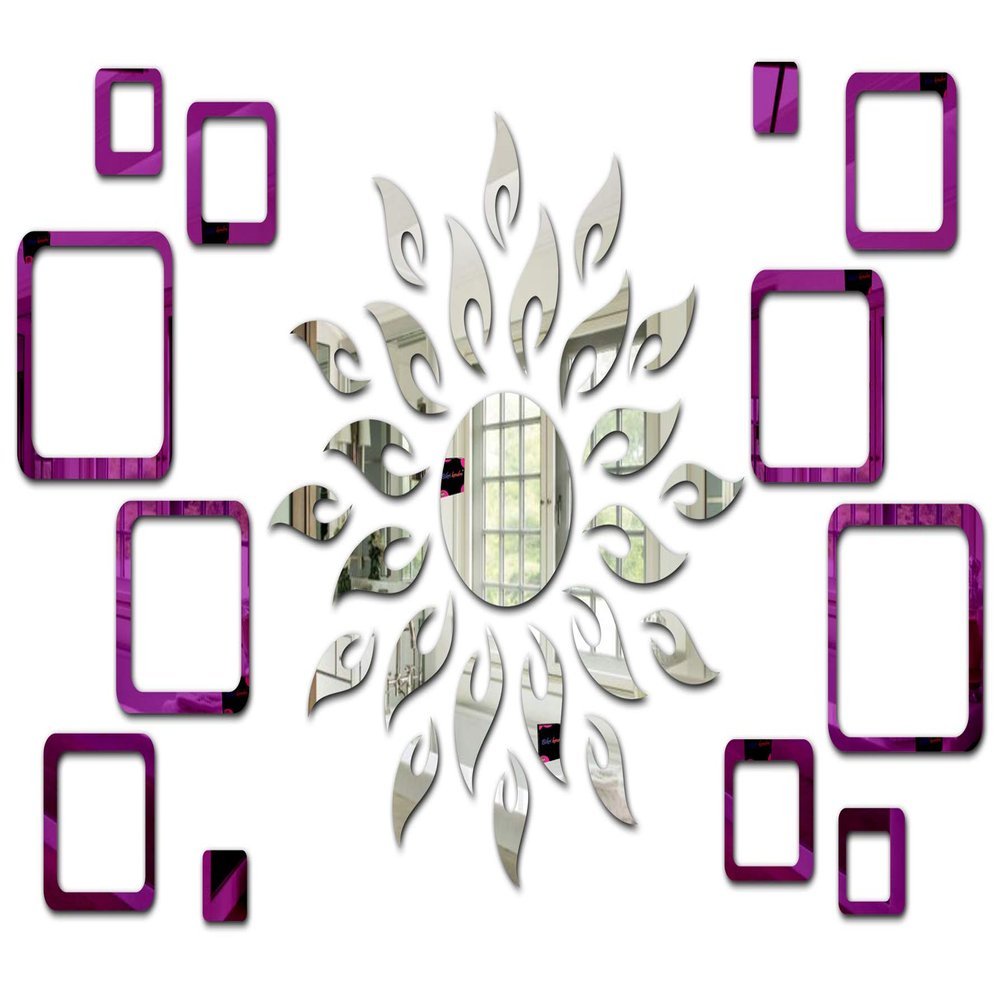Bikri Kendra Ind - Sun Silver with 12 Square Purple Mirror Stickers for Mirror Wall Decor Sticker, Acrylic Stickers, Wall Stickers for Hall Room, Bedroom, Kitchen.
