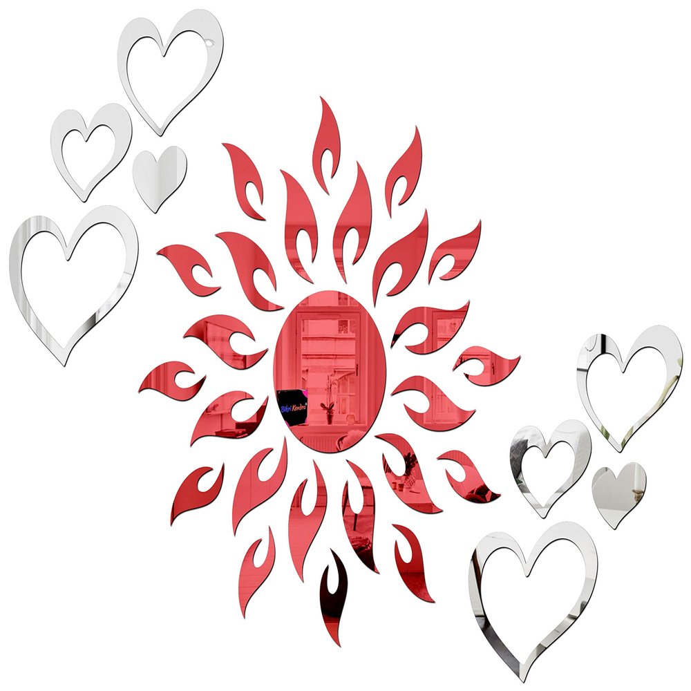 Bikri Kendra Ind - Sun red with 2set Love Heart Silver Mirror Stickers forwall Decor Sticker, for Wall, Wall Decor Sticker,Stickers, Acrylic Stickers, Wall Stickers for Hall Room, Bed Room.
