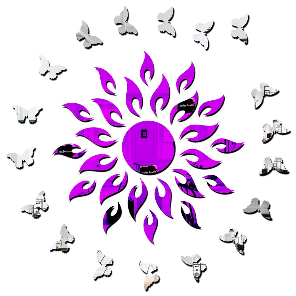 Bikri Kendra Ind - Sun (Purple) with 20 Butterfly Silver Mirror Stickers for Wall,Wall Decor Sticker, Mirror Stickers, Acrylic Stickers, Wall Stickers for Hall Room, Bedroom.