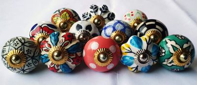 Shiv Kripa Blue Pottery Ceramic Ethnic Festive Door Knobs Assorted Set of 12 knobs (Multicolour)