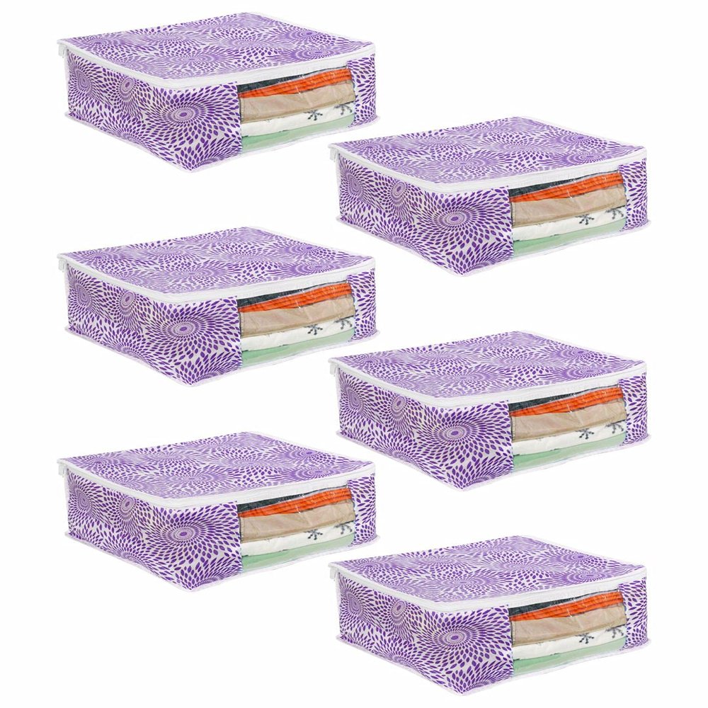 PrettyKrafts Saree Cover Big Size/Wardrobe Organiser/Clothes Storage Bag | Storage Organizer Bag | Zip Closure and Transparent Front | Clothes Storage Bag | Set of 3, Purple | Size: 40 x 35 x 20 cm