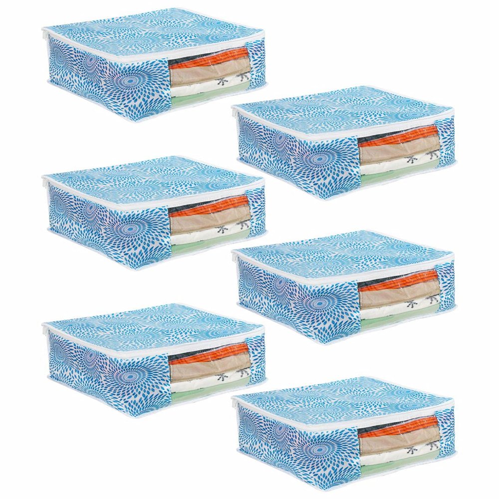 PrettyKrafts Saree Cover Big Size/Wardrobe Organiser/Clothes Storage Bag | Storage Organizer Bag | Zip Closure and Transparent Front | Clothes Storage Bag | Set of 6, Blue | Size: 40 x 35 x 20 cm