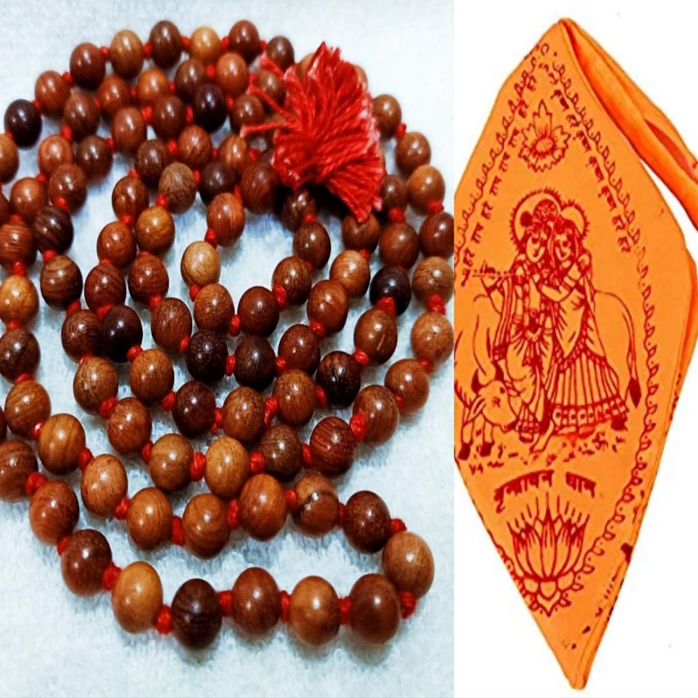 Brij Sugandha Sandalwood Beads Naturally Scented Natural Lal Chandan Ki Mala with Orange Cotton Jaap Bag for Mantra Jaap and Wearing