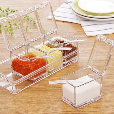 KINZILLA Crystal Seasoning Box Pepper Salt Spice Rack Plastic 4 Box with Spoons Kitchen See Through Storage Containers