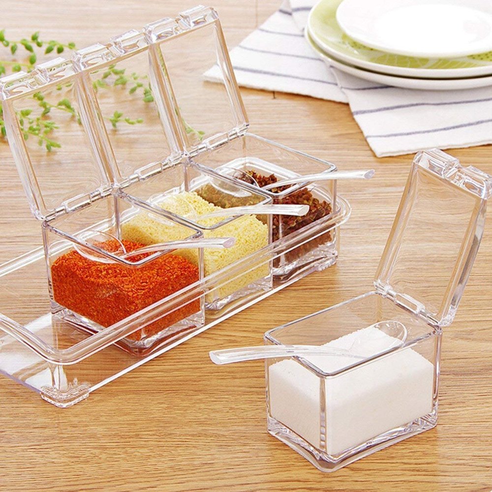 KINZILLA Crystal Seasoning Box Pepper Salt Spice Rack Plastic 4 Box with Spoons Kitchen See Through Storage Containers