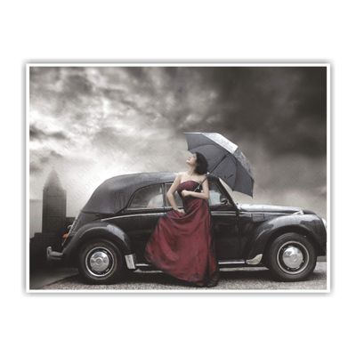 Anne Print Solutions Lady in Elegant Dress and Holding Umbrella Next to Vintage Luxury Car Gumming Vinyl Self Adhesive Sticker (Without Frame) Pack of 1 Pcs Size 24 Inch X 18 Inch* Multicolour
