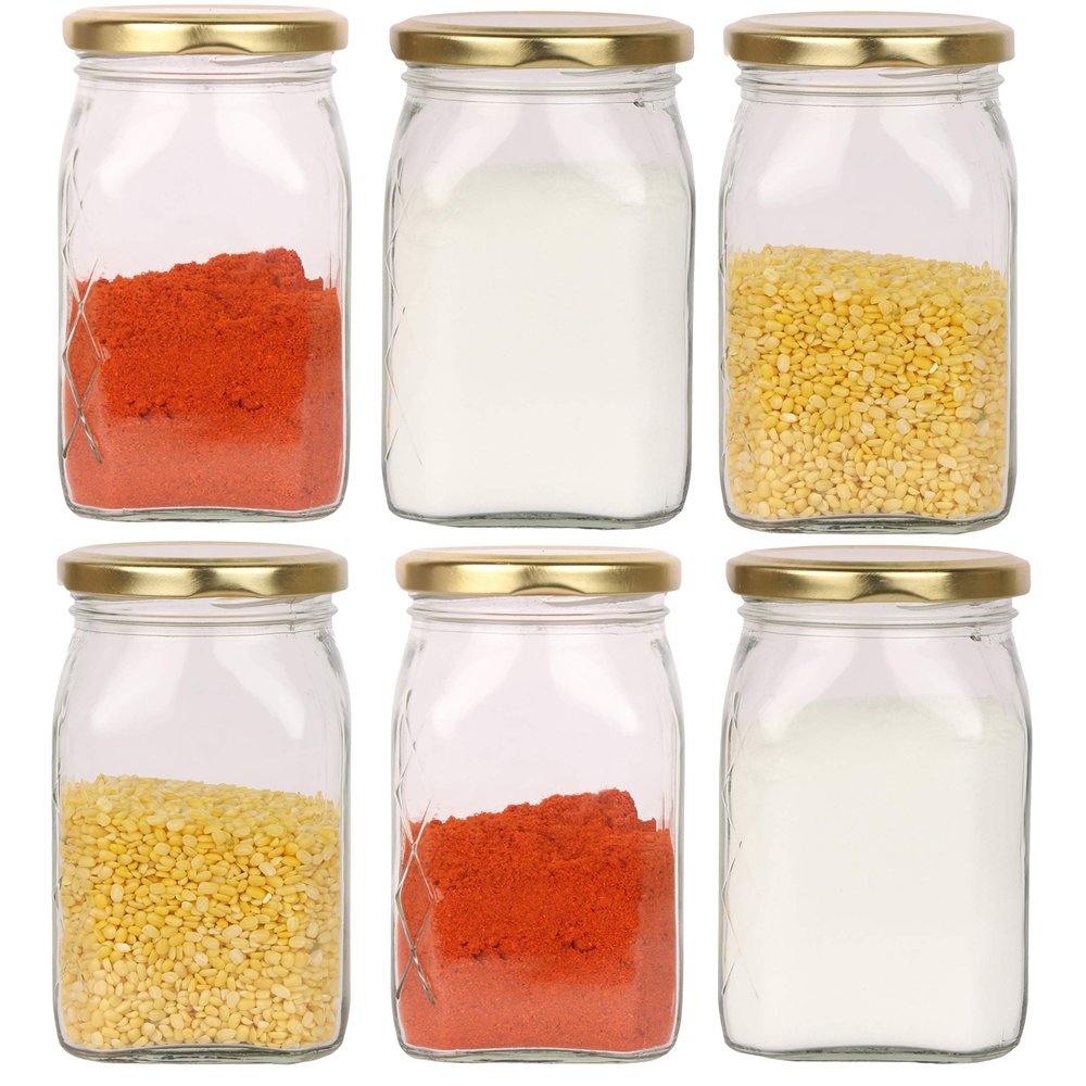 Pure Source India, glass containers for storage, with Air Tight Lid, for Dry fruits, Biscuits, Masala, Food Fridge Storage- 250 Gm, Squire, Set Of 6.
