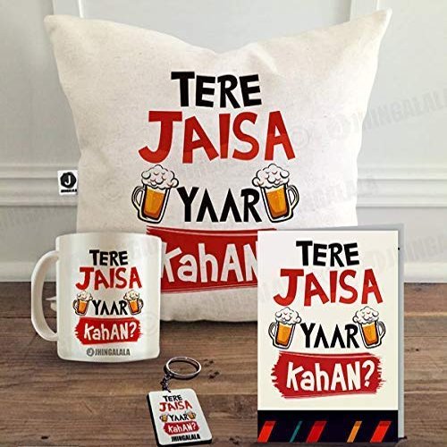 Jhingalala Printed Gift Set of Tere Jaisa Yaar Kahan, Friendship Day Gift Pack of Cushion Cover 12 x 12 inch, Cushion Filler, Mug, Key Ring, and Greeting Card