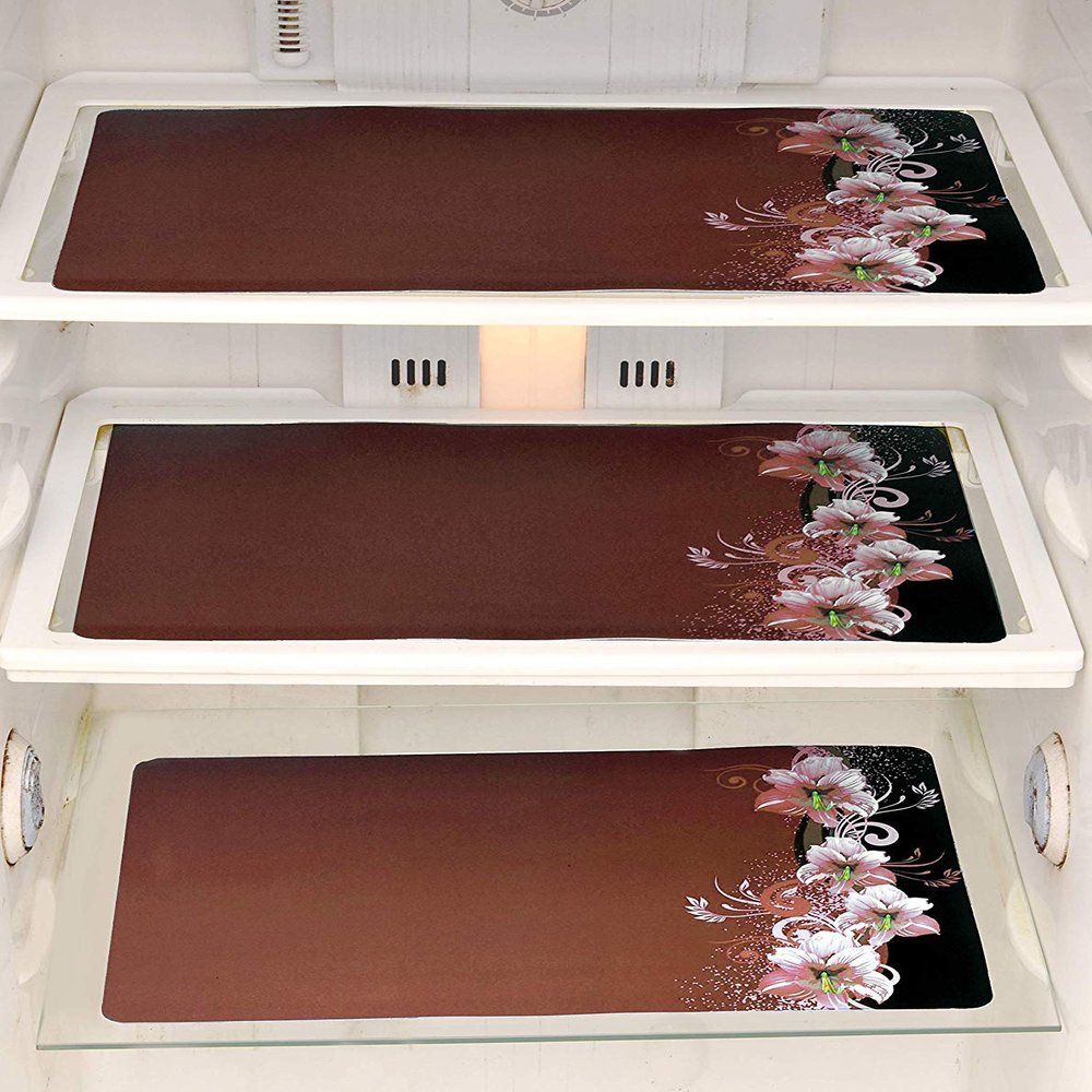 G-Trading Hub Refrigerator Drawer Mat/Fridge Mat/Multipurpose Mat Set of 3 Pcs (12 X 17 Inches) Floral Brown