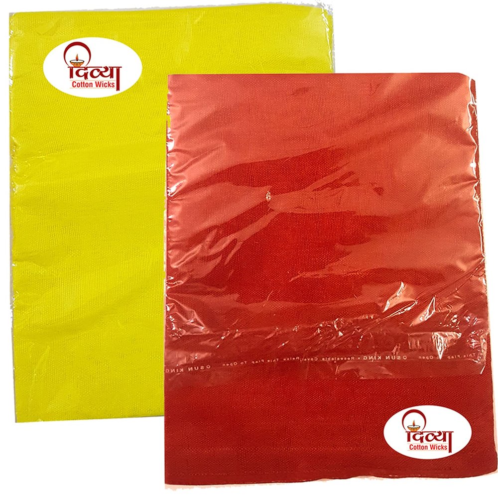 Divya Cotton Wicks || Cotton Pooja Cloth || Cotton Altar For Puja || Pooja Chowki Aasan Kapda || Combo Of 2 Cloth And 1 Packet Batti || 1 Meter || Color Red & Yellow