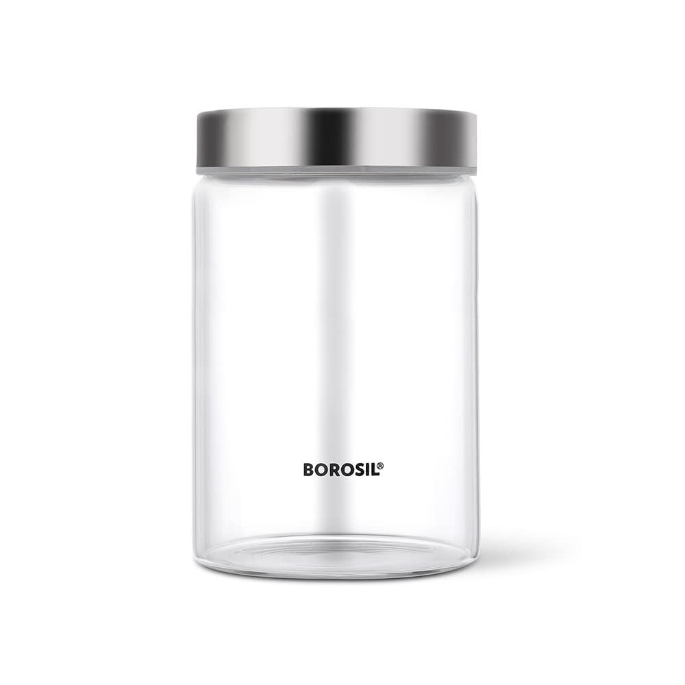 Borosil 900ml Endura Glass Jar with Stainless Steel Lid | Borosilicate Glass Storage Organiser | Microwave & Dishwasher Safe Kitchen Containers for Spices, Snacks, Grains, Dals