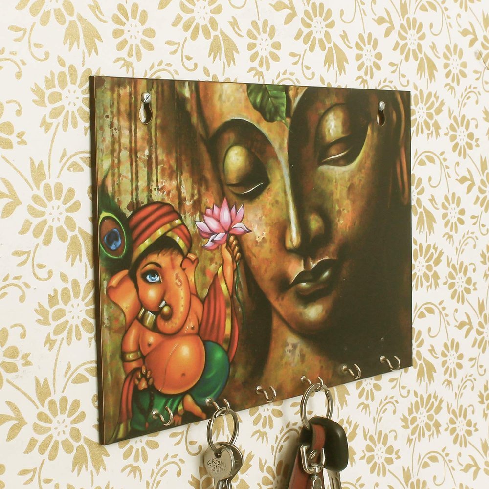 eCraftIndia Lord Ganesha Theme Wooden Key Holder with 6 Hooks