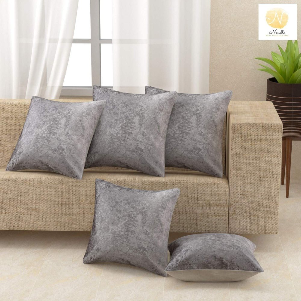 Nendle Velvet Plain Decorative Soft Texture Cushion Cover - Pack of 5, 16x16 Inch | Soft Smooth Solid Fabric | Square Pillow Covers for Bed, Sofa, Office Chair & Seat, Home Dcor (Silver)