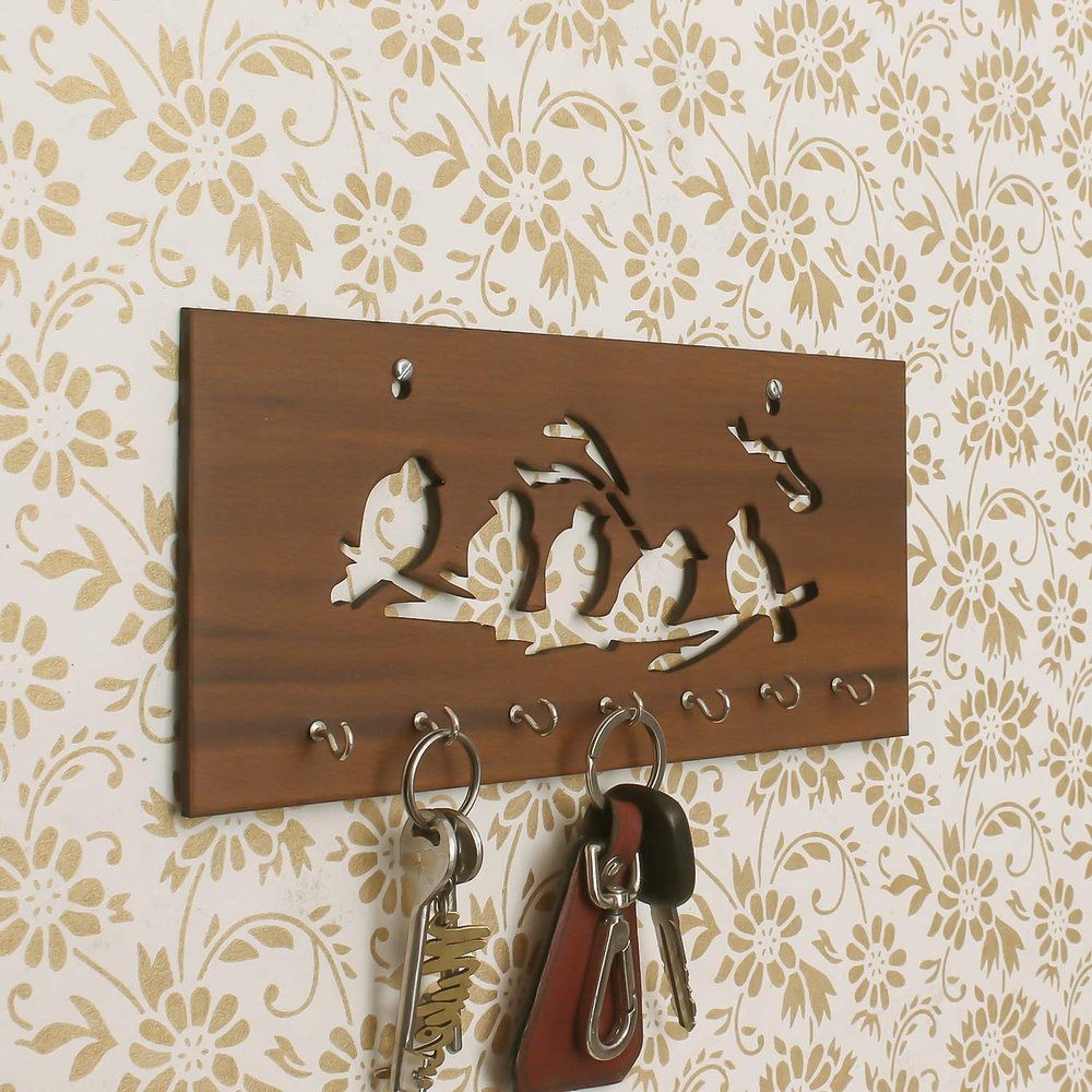 eCraftIndia Brown Birds Sitting On Branches Theme Wooden Key Holder with 7 Hooks - Key Organizer for Home and Office in Kitchen, Entryway, Hallway Or Living Room