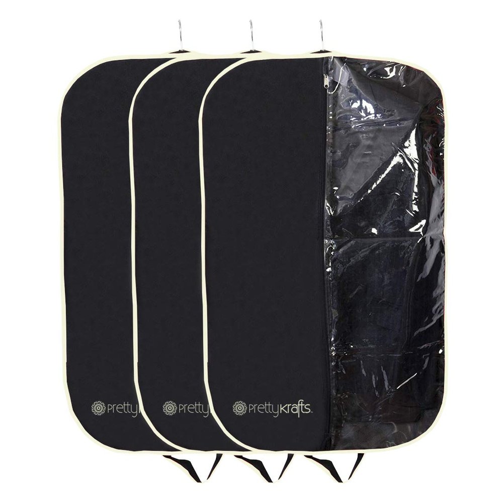 PrettyKrafts Half Transparent Blazer Cover| Suit Covers with Zip for Men,Women|Cloth Organizer for Wardrobe|Premium Zipper & Transparent Window|Foldable Style Cover for Luggage (Set of 3) - Black