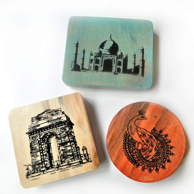 IVEI Wooden Magnets Taj Mahal, India Gate, Peacock Print Fridge Magnet Innovative Magnets for Home and Kitchen Decoration - Independence Day Gifts (Set of 3)