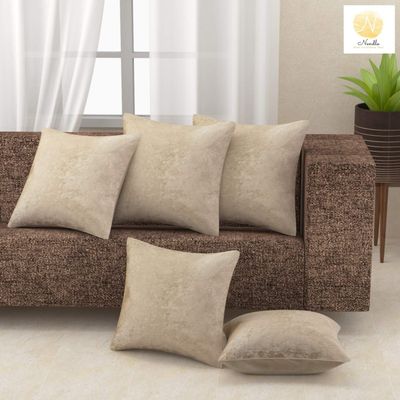 Nendle Velvet Plain Decorative Soft Texture Cushion Cover - Pack Of 5, 16X16 Inch | Soft Smooth Solid Fabric | Square Pillow Covers For Bed, Sofa, Office Chair & Seat, Home Dcor (Beige), 500 TC