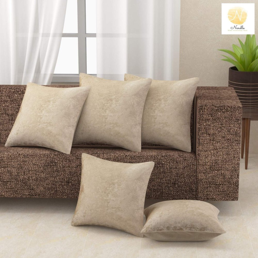 Nendle Velvet Plain Decorative Soft Texture Cushion Cover - Pack Of 5, 16X16 Inch | Soft Smooth Solid Fabric | Square Pillow Covers For Bed, Sofa, Office Chair & Seat, Home Dcor (Beige), 500 TC