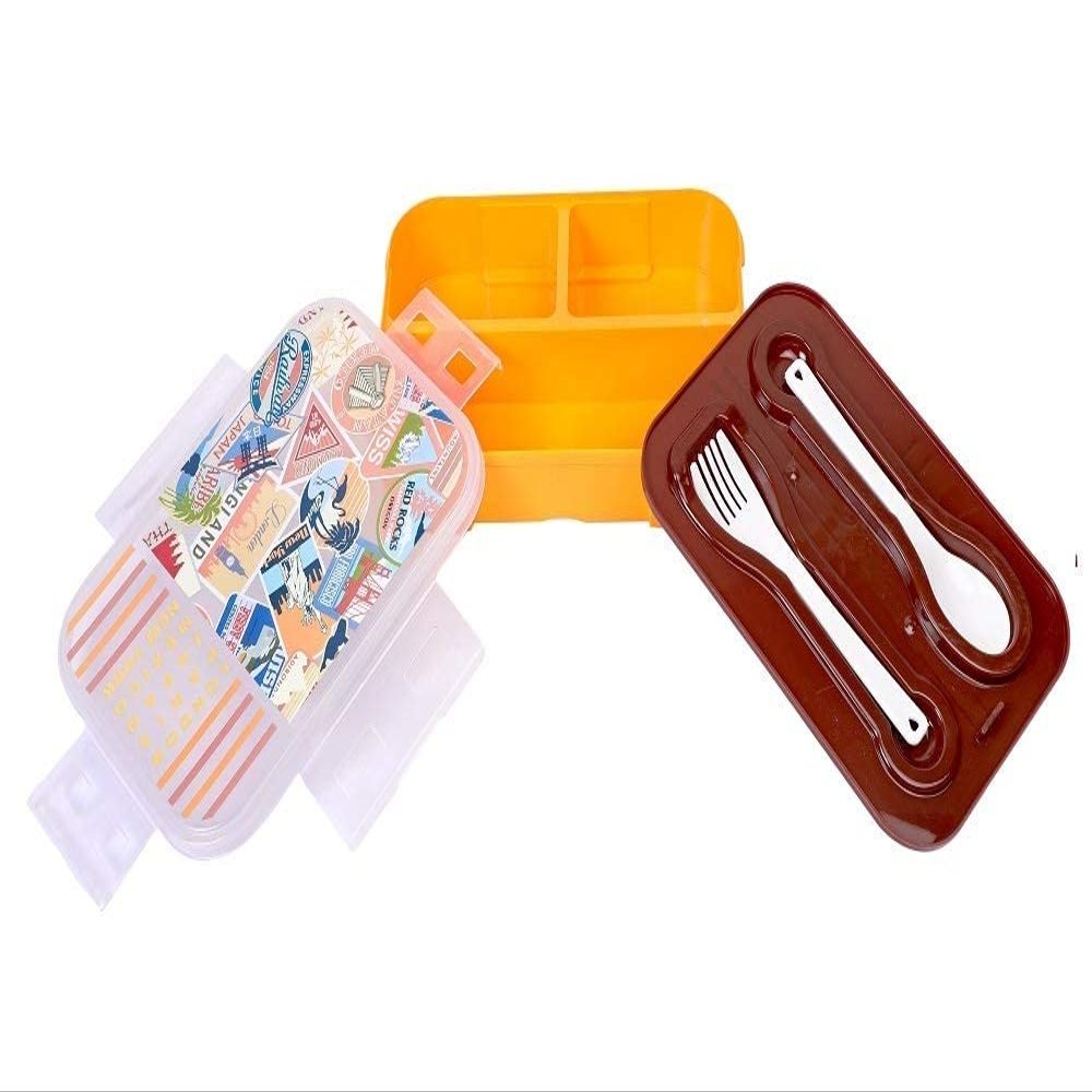 Kytaste Lunch Box with 3 Separate Compartments for School Office with Spoon (Brown)