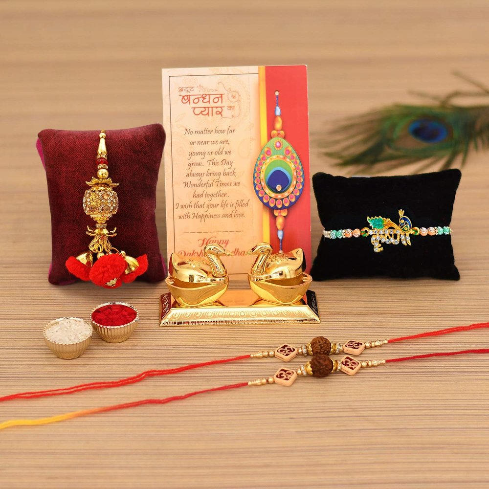 Collectible India Rakhi with Gift for Brother and Bhabhi Kids Combo - 4 Rakhi for Rakshabandhan Gifts for Bhaiya Bhabhi - Kumkum Dani Chandan Roli Box,Rakshabandhan Special Card,Krishna, Lumba
