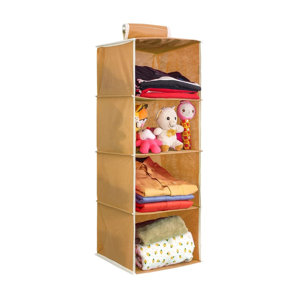 PrettyKrafts F1231 4 Tiers Clothes Hanging Organizer, Wardrobe for Regular Garments, Shoes Storage Cupboard, Hanger Bag - Beige