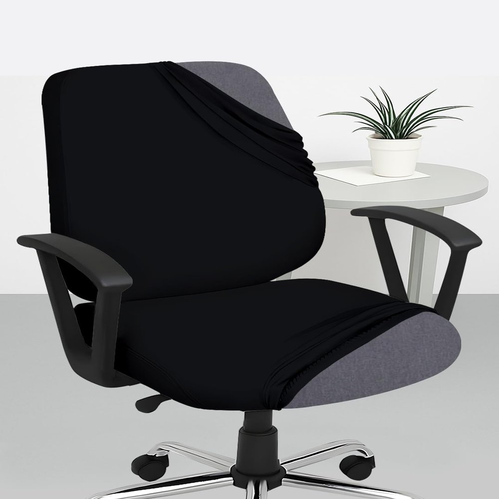 ITSPLEAZURE Black 2 Piece Set of 1 Office Chair Cover 200GSM Fabric Stretchable Elastic Polyester Removable Washable Office Computer Desk Executive Rotating Chair Seat Covers Slipcover Protector