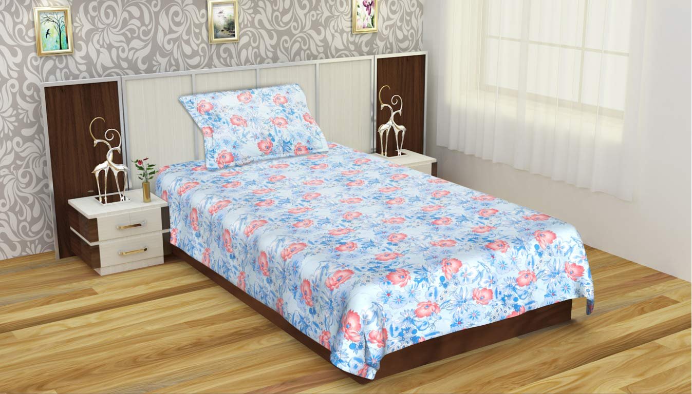 COT PRINTS Cotton Single Bed Sheet Set (1 Sheet and 1 Pillow Cover)(90 x 60 Inches) Flower Blue