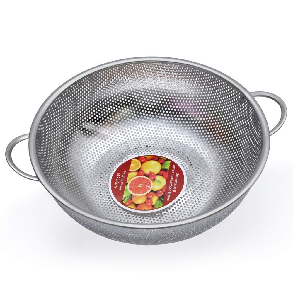 2heet Stainless Steel Kitchen Fruit Vegetable Rice Washing Baskets Strainer Drainer with Handle - Silver