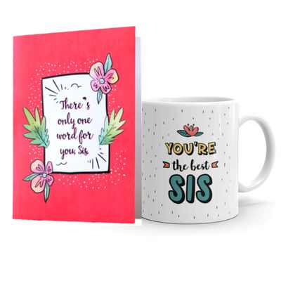 Oye Happy - World's Best Sis Coffee Premium Mug with Mirror Greeting Card - Gift for Sister on Birthday/Rakhi/Bhai Dooj (Ceramic) (Microwavable) (330 ml)