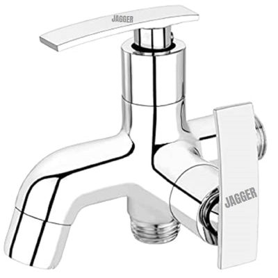 Jagger Bat Full Brass 2 in 1 Bib Cock/Two Way Taps for Bathroom, Washing Machine with Wall Flange and Teflon Tape (Chrome Finish)