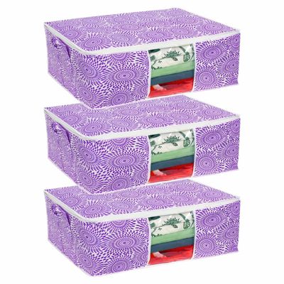 Pretty Krafts Set of 3 Non Woven Underbed Storage Bag with Handles, Clear Window & Zipper Lock | Quilt, Comforter & Blanket Organiser | Foldable Cloth Storage Closet Bag (62x45x30cm, Purple Printed)