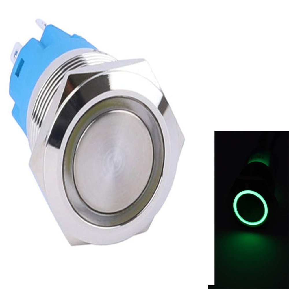 RDR STORE 22 mm Large Size Waterproof Flat Round Stainless Steel Metal Push Button Switch with LED Light (Latching Green)