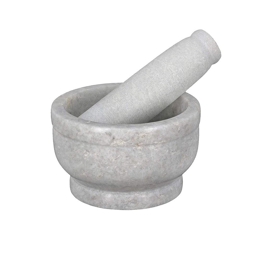 SAMEER SALES Marble Mortar & Pestle Set,Khara,Khalbatta,Imam Dasta,Ohkli Musal,Idi Kallu,Khal Musal,Spice Grinder,okhli Masher,Spice Masher for Home (4 Inches, White with Dots)