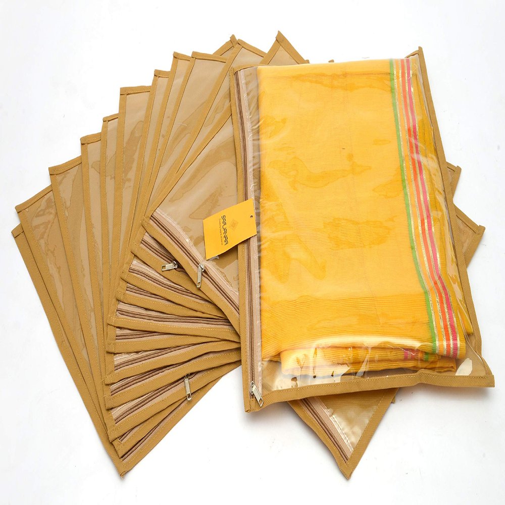 Srajanaa Multiutility Non-Woven Dustproof Saree Cover Bag Set of 12 | Premium Ethnic Wear Organizer with Transparent Window & Zipper | Durable Lightweight Storage for Sarees, Dresses & Travel (Beige)