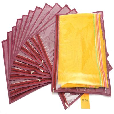 Srajanaa Non-Woven Saree Cover Bag Set of 12 | Premium Maroon Dustproof Organizers with Transparent Window & Zipper | Durable Closet Storage Bags for Sarees, Dresses & Ethnic Wear Travel Protection