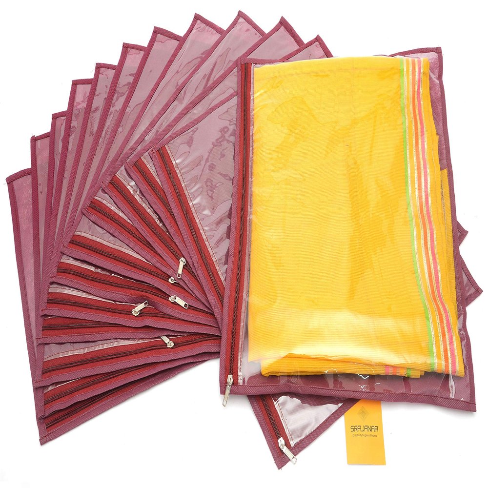 Srajanaa Non-Woven Saree Cover Bag Set of 12 | Premium Maroon Dustproof Organizers with Transparent Window & Zipper | Durable Closet Storage Bags for Sarees, Dresses & Ethnic Wear Travel Protection