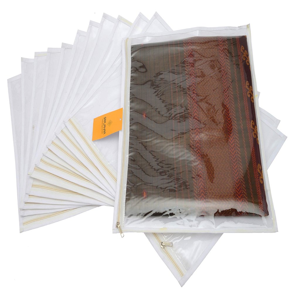 Srajanaa Non-Woven Saree Storage Covers | Set of 12 White Saree Bags with Transparent Window & Zipper | Dustproof, Lightweight & Durable Organizer for Sarees, Dresses & Garments | Closet Space Saver
