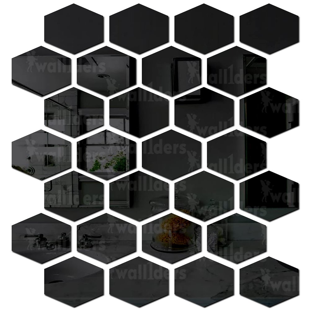Wall1ders 28 Hexagon with 10 Butterflies Black (Each Hexagon Size 12 cm X 10.5 cm) cm) Hexagon Mirror Wall Stickers, Mirror Stickers for Wall