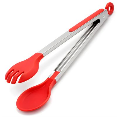 Bagonias Silicone Kitchen Tongs 12 Inch | Stainless Steel Heavy Duty Food Tong for Cooking, Serving, BBQ & Air Fryer | Heat Resistant 250C, BPA Free, Non-Stick Safe, Locking Grip (Red)