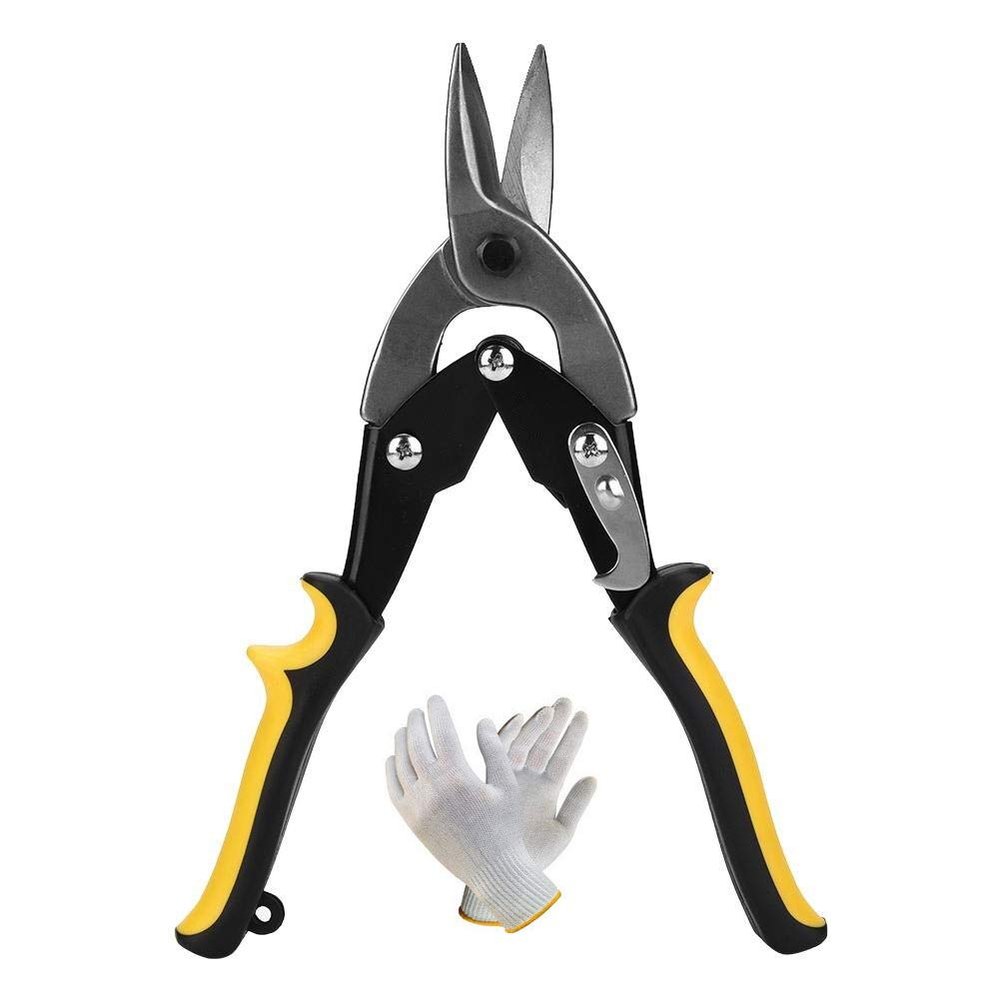 Digital Craft 10" Metal Cutting Scissors | Straight Aviation Tin Snip Shear Pliers | High-Hardness Sheet Metal Cutter with Rubber Handle | Includes Safety Hand Gloves (Random Colors)