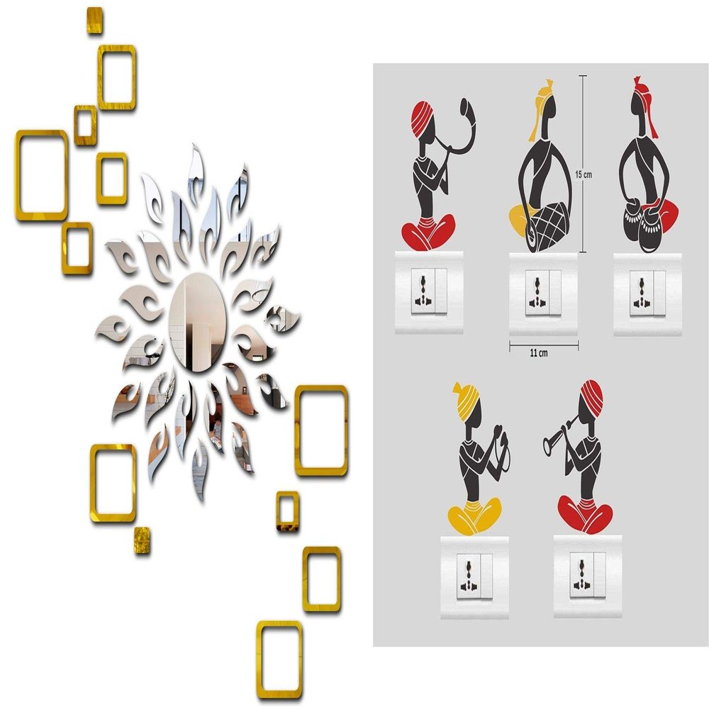 Walltech Combo Pack of Wall Stickers Sun Silver Square 2 Set Golden Acrylic Mirror with Folk Band (Set of -5) Switch Board Sticker