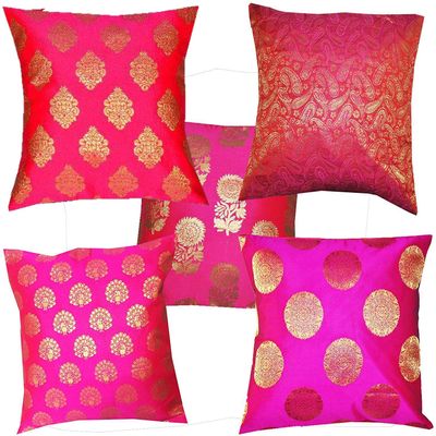 VIREO Dupion Silk Cushion Cover with Zipper - Set of 5 (16X16 Inch)